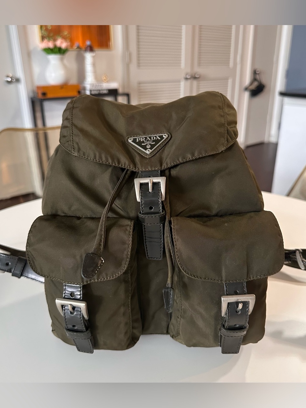 Prada Olive Nylon Backpack with Black Leather Trim